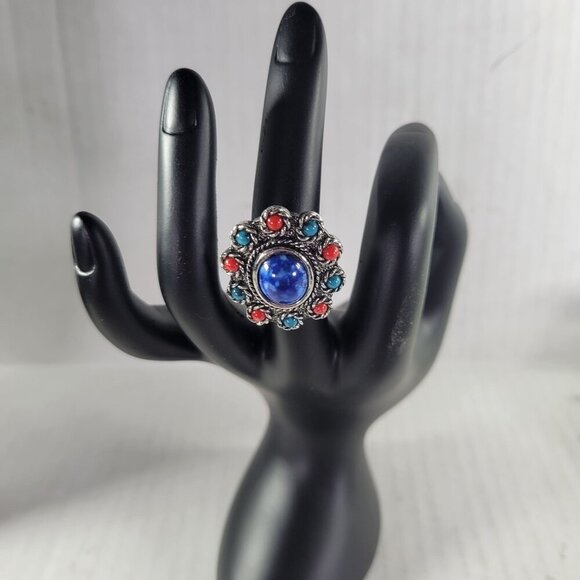 Vintage Sarah Coventry Blue & Red Beaded Silver-Tone Adjustable Ring - Picture 1 of 3